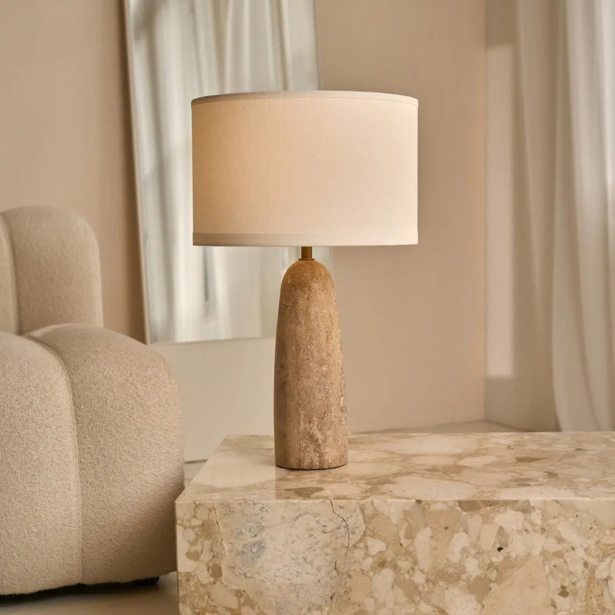Isla Travertine Lamp with Cotton Shade – Elegant and Timeless Tavellio