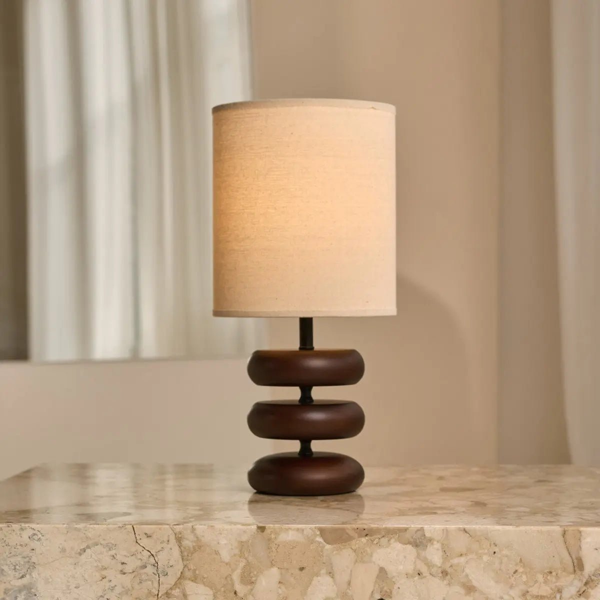Lara Dark Brown Wooden Table Lamp with Cream Linen Shade – Rustic Home Lighting Tavellio