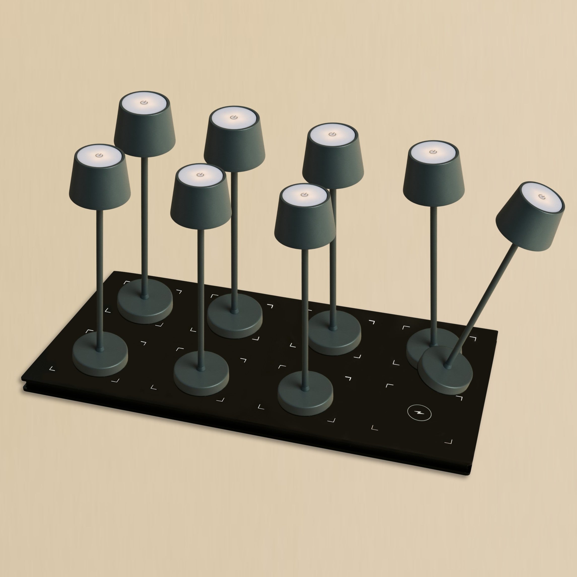 Combi Set Professional – 8 x Vondel Mini Stone Grey Rechargeable Table Lamps & 1 x Central Station Wireless Charging Station with Q1-Technology – Perfect for Restaurants, Hospitality & Hotels Tavellio
