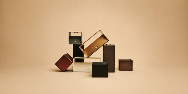 Tavellio Tess and Tessa wall lamps in stacked colorful boxy shapes, arranged as a sculptural display.