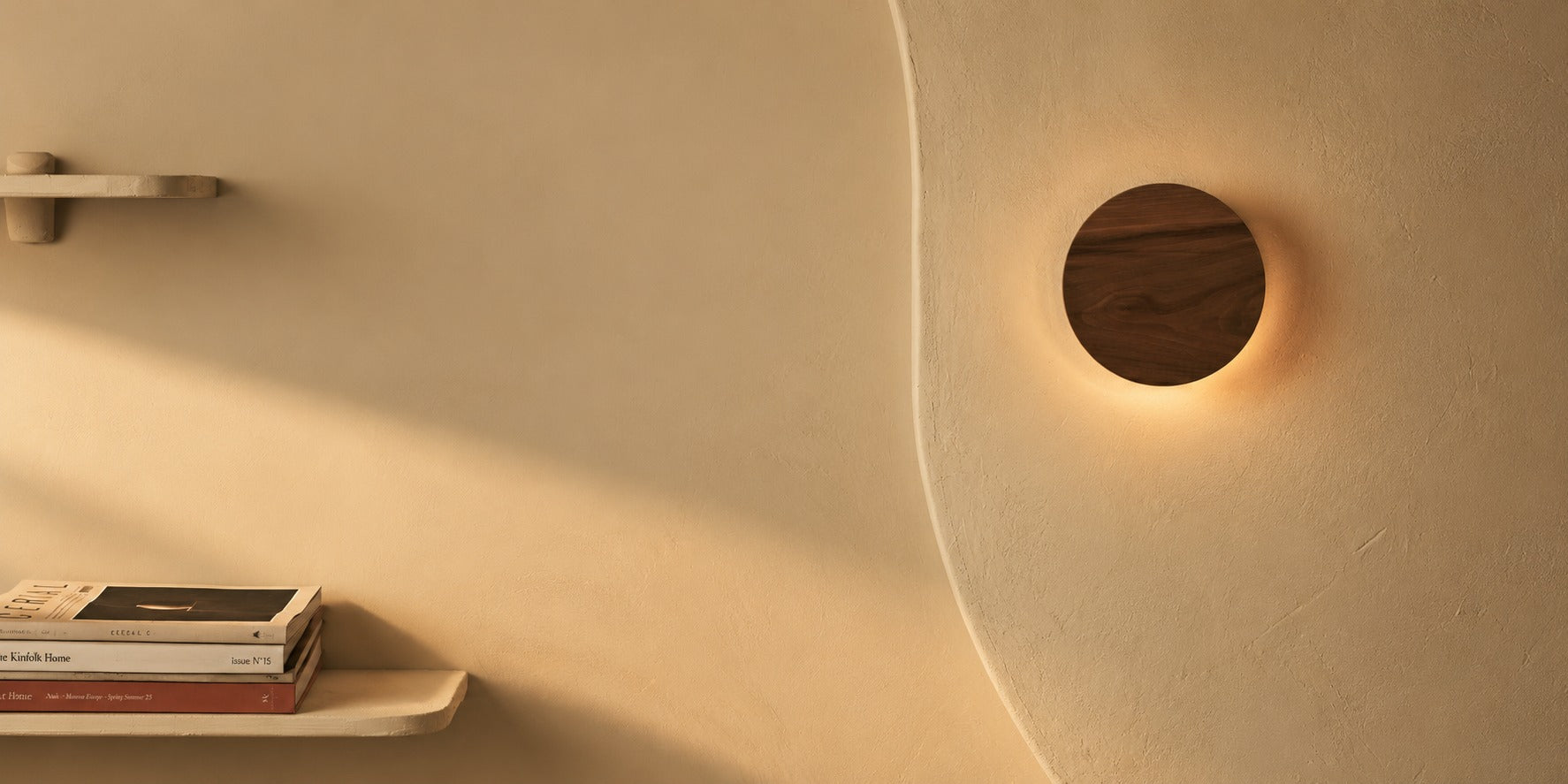 Wooden rechargeable wall light on a warm minimalist wall with no visible cable