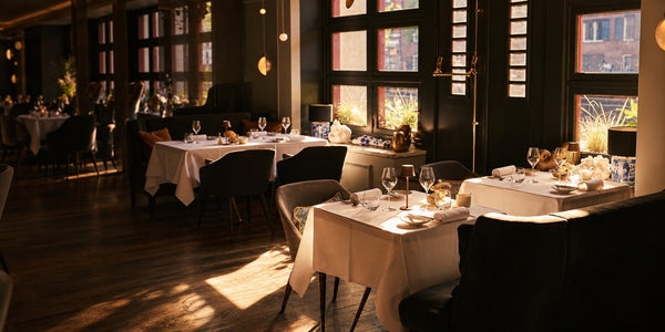 Small rechargeable table lamp on a dining table providing warm cordless light for dinner