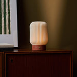 Alba rechargeable table lamp in red travertine and porcelain, lit beside a framed botanical print on a wood cabinet