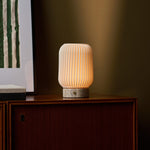 Tavellio Alba cordless table lamp in silver travertine and porcelain, warm glow beside framed botanical artwork