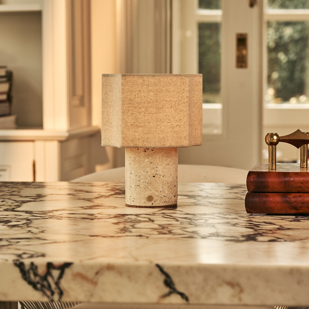 Bonnard Beige – Travertino Classico Travertine Marble Rechargeable Table Lamp | Cordless, Up to 100 Hours & Linen Blend