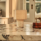 Bonnard Beige – Travertino Classico Travertine Marble Rechargeable Table Lamp | Cordless, Up to 100 Hours & Linen Blend