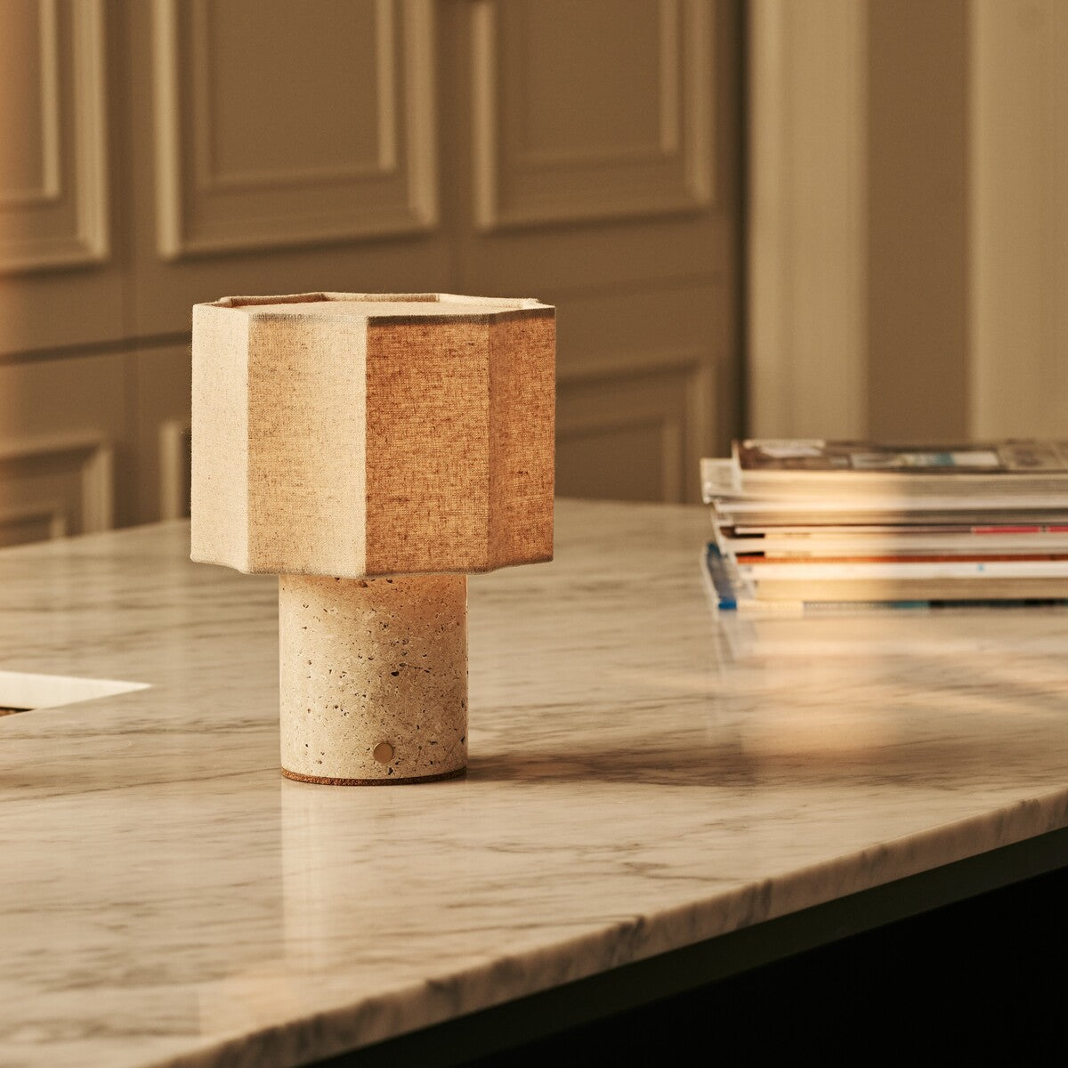 Bonnard Beige – Travertino Classico Travertine Marble Rechargeable Table Lamp | Cordless, Up to 100 Hours & Linen Blend