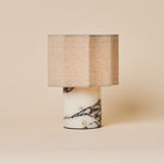 Bonnard rechargeable table lamp with Calacatta Vionaro white marble base and linen hexagonal shade