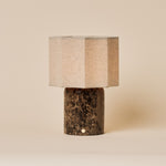 Bonnard Large rechargeable table lamp with Emperador dark marble base and faceted linen shade, studio shot