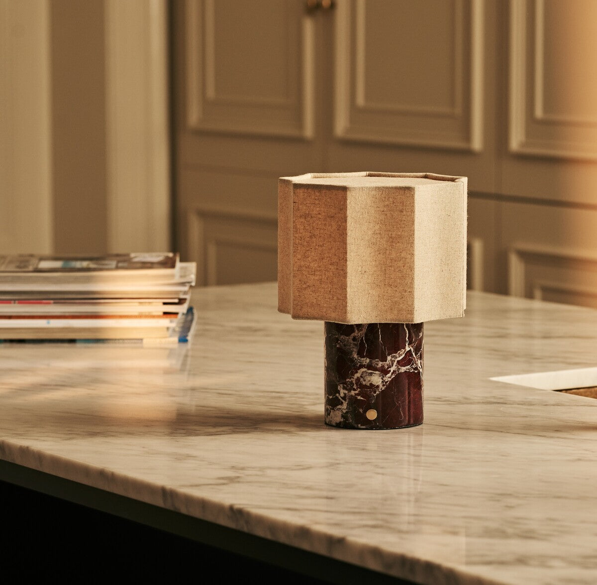 Bonnard Red – Rosso Levanto Marble Rechargeable Table Lamp | Cordless, Up to 100 Hours & Linen Blend