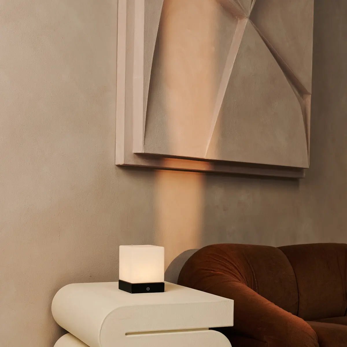 Close-up of Yce Black Cordless Wooden Lamp, highlighting frosted glass and warm glow.