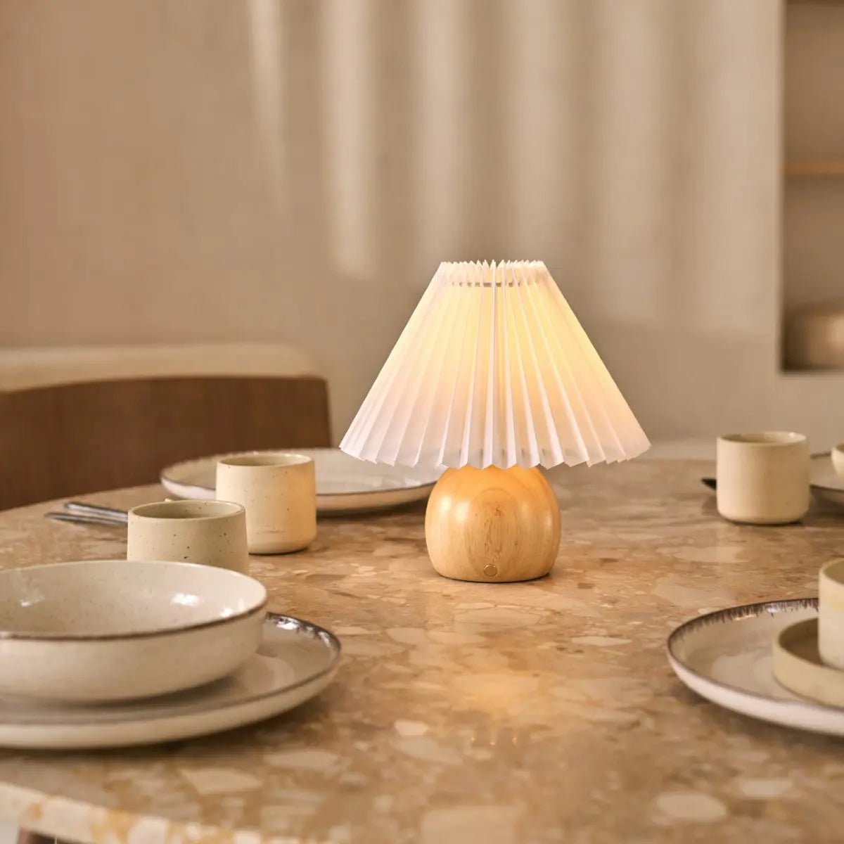 Nathalie Light Brown Modern and Retro Rechargeable Lamp l Dimmable, Wood and Paper Beautiful Paper Shade Tavellio