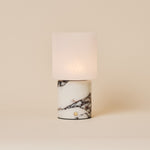 Cuyp rechargeable table lamp in Calacatta Vionaro white marble with a square glass shade