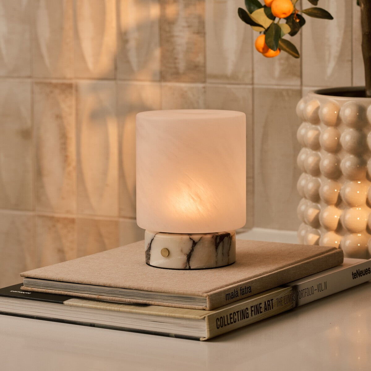 Rechargeable table lamp Cuyp Small glowing on a stack of art books beside a citrus plant