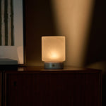 Cuyp Small Rosa Aurora lampe de table rechargeable Tavellio – sur un meuble en bois foncé près d'un cadre botanique, lumière du soir