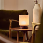 Cuyp rechargeable table lamp in Rosso Levanto marble glowing beside a green velvet sofa and vase