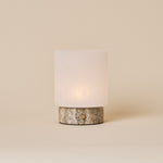Tavellio Cuyp Small rechargeable table lamp with frosted glass shade and grey-veined Silver Travertine base