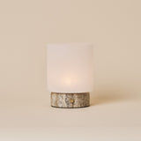 Tavellio Cuyp Small rechargeable table lamp with frosted glass shade and grey-veined Silver Travertine base
