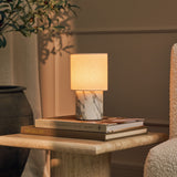 Dou cordless table lamp in Arabescato marble glowing beside stacked books and an olive branch