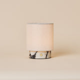 Dou Small rechargeable table lamp in Calacatta Vionaro white marble with grey veining and linen shade