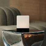 Side view of Yce Black Lamp with Frozen Glass, showcasing sleek wood and glass desig