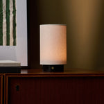 Floris table lamp casting warm light beside a framed artwork against an olive green wall