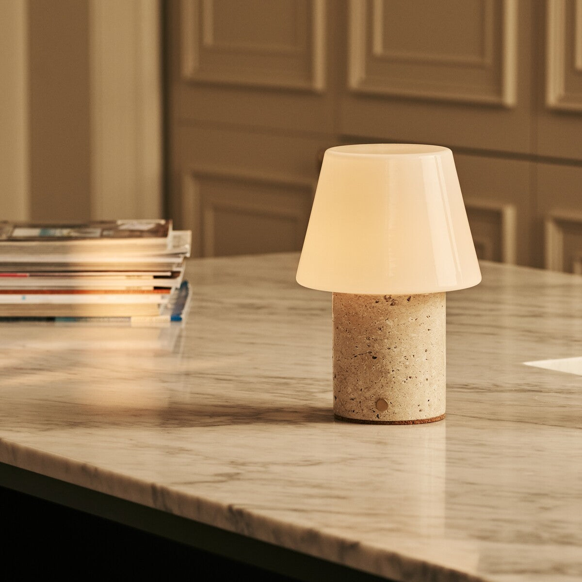 Hooch Beige – Travertino Classico Travertine Rechargeable Table Lamp | Versatile, 3 Light Modes & Modular Lampshade