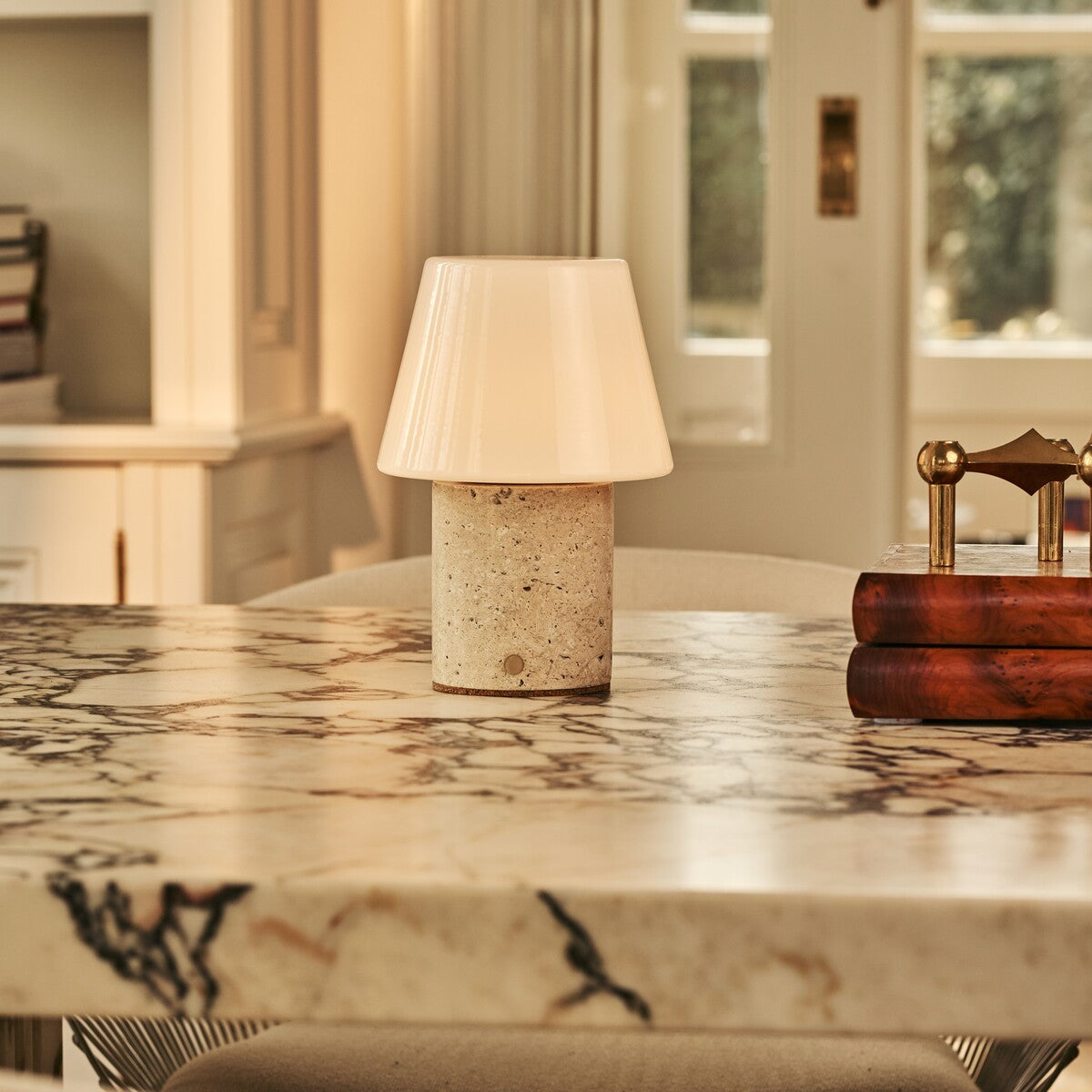 Hooch Beige – Travertino Classico Travertine Rechargeable Table Lamp | Versatile, 3 Light Modes & Modular Lampshade