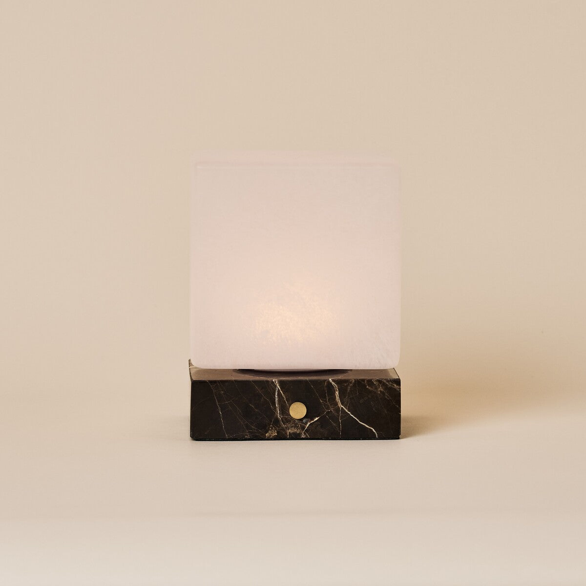 Keyser rechargeable table lamp with frosted alabaster shade and dark Emperador marble base