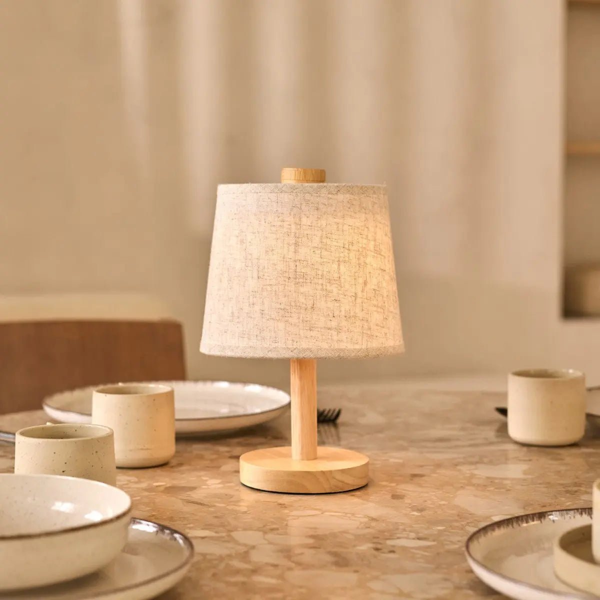 Rover Light Brown  Wooden Rechargeable Lamp | Cordless, Dimmable with Fabric Shade Tavellio