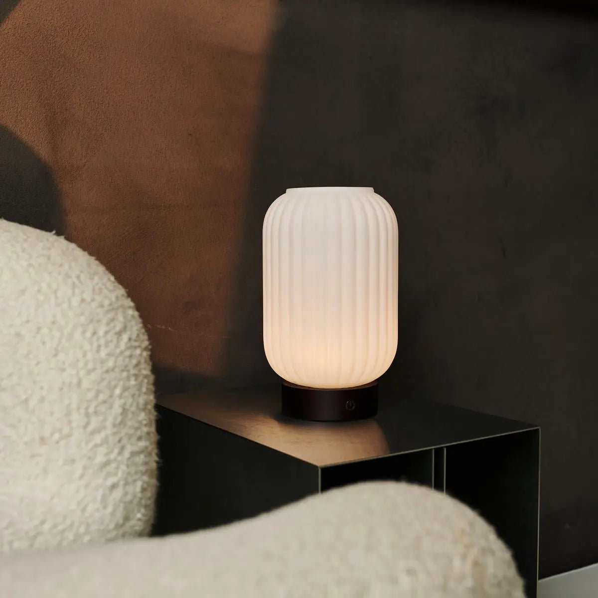 Lilly Dark brown Unique Rechargeable Lamp – Frosted Glass lamp, Wooden Base, Dimmable, 3 Light Modes Tavellio