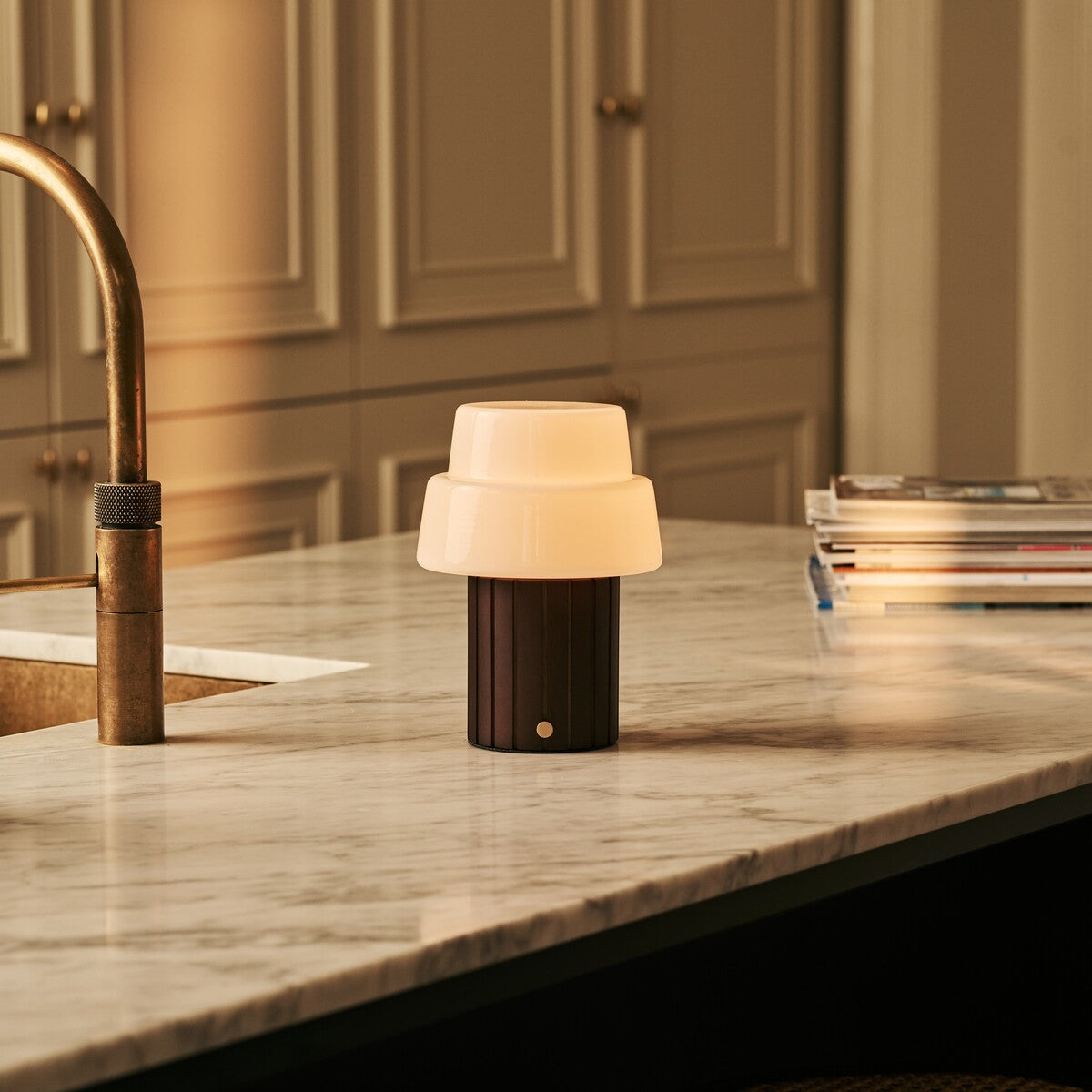 Lio Dark Brown Rechargeable Table Lamp | Cordless, 3 Light Modes & Glass Lampshade