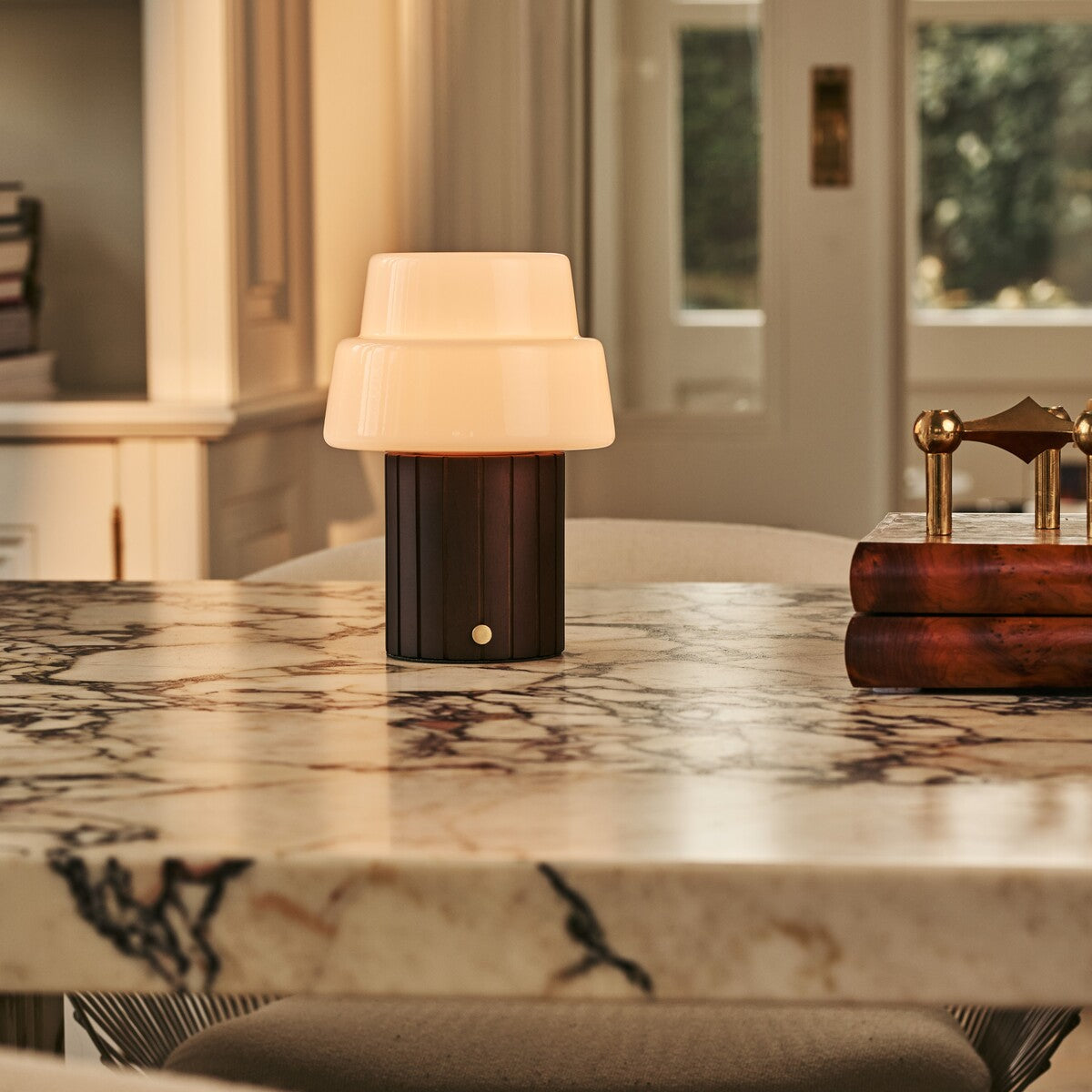 Lio Dark Brown Rechargeable Table Lamp | Cordless, 3 Light Modes & Glass Lampshade
