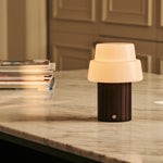 Lio Dark Brown Rechargeable Table Lamp | Cordless, 3 Light Modes & Glass Lampshade