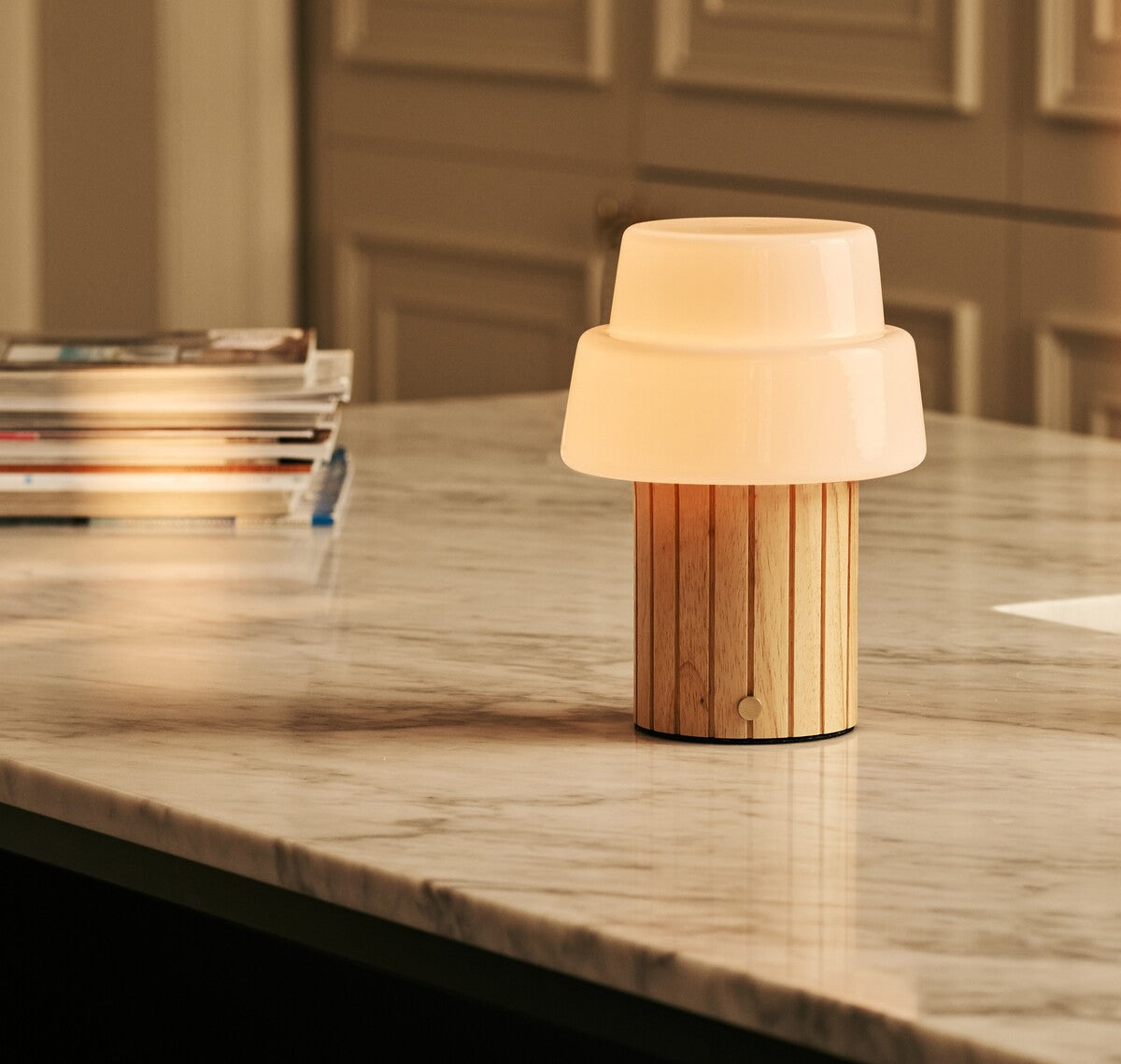 Lio Light Brown Rechargeable Table Lamp | Cordless, 3 Light Modes & Glass Lampshade