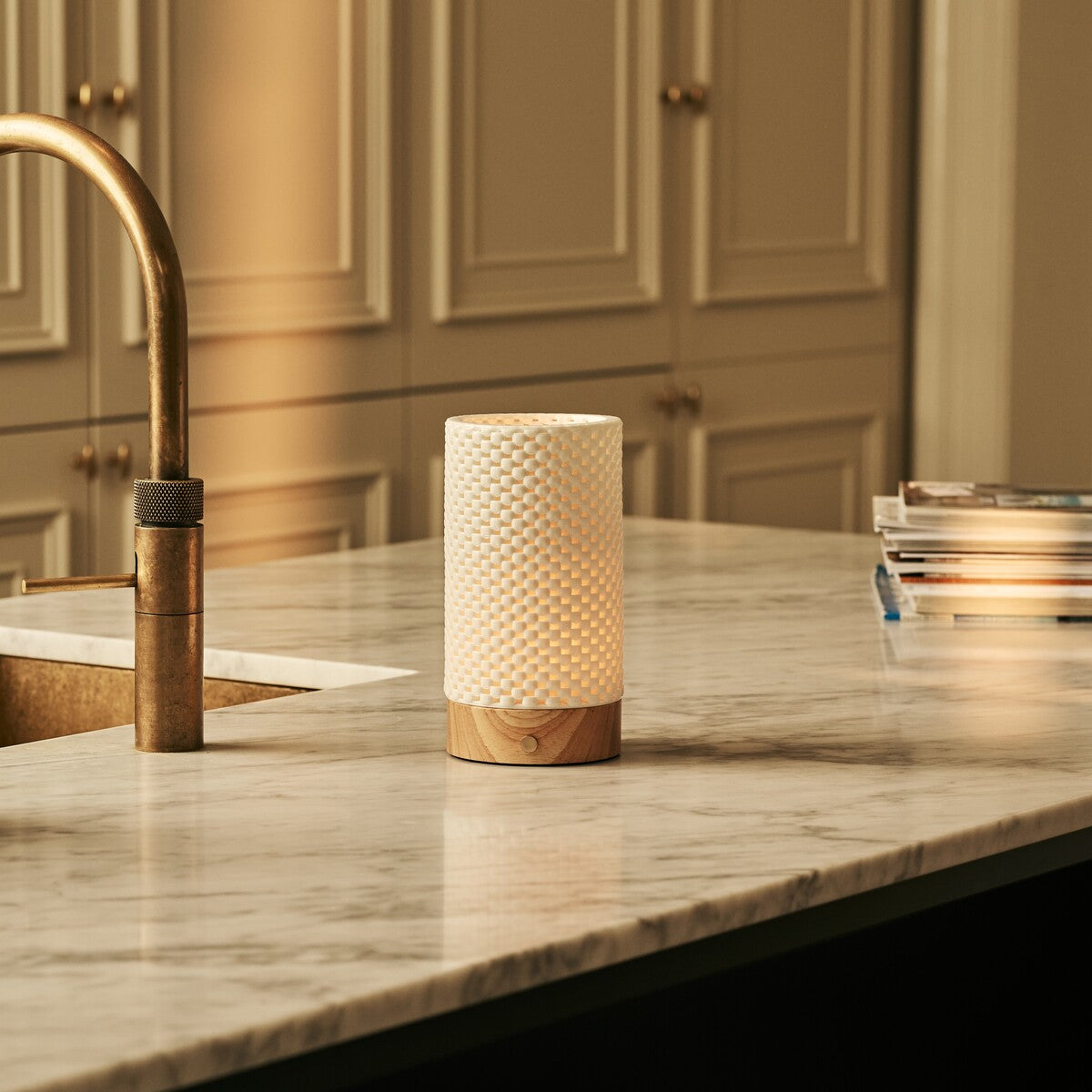 Luna Light Brown Wooden Rechargeable Table Lamp | 3D-Printed Porcelain, Dimmable & Up to 100 Hours of Battery Life