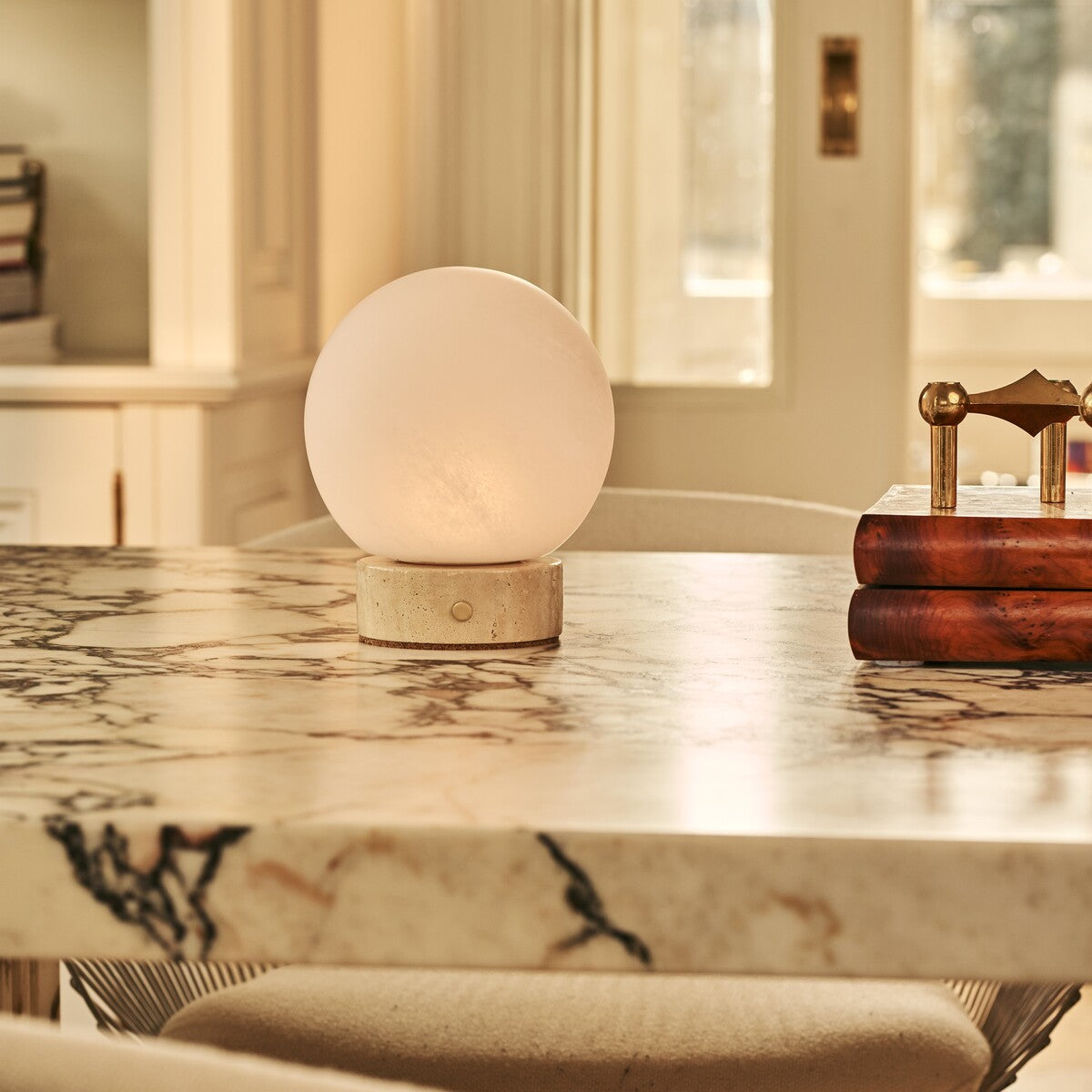 Metsu Small Beige – Travertino Classico Travertine Rechargeable Table Lamp | Authentic, Dimmable & Interchangeable Lampshade