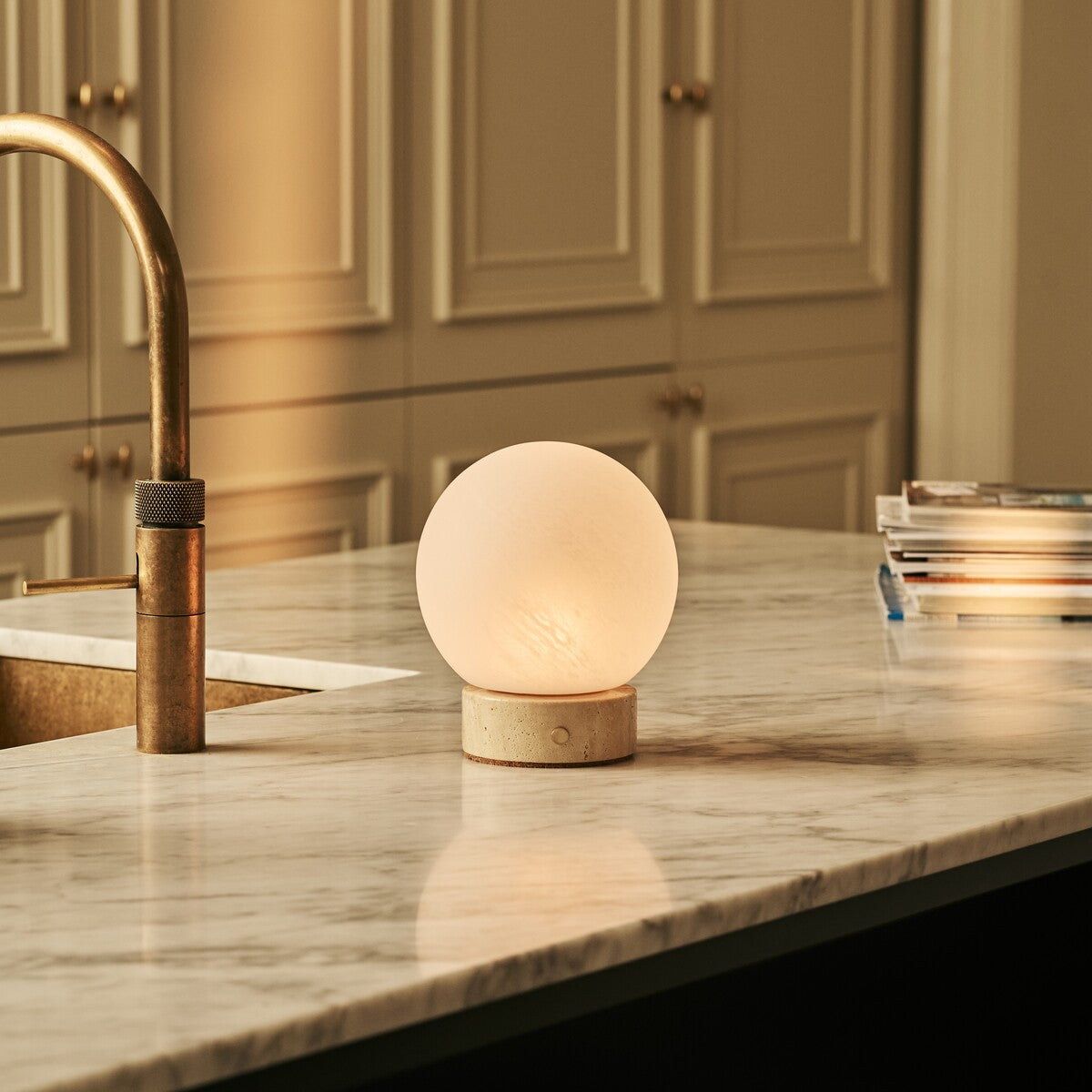 Metsu Small Beige – Travertino Classico Travertine Rechargeable Table Lamp | Authentic, Dimmable & Interchangeable Lampshade