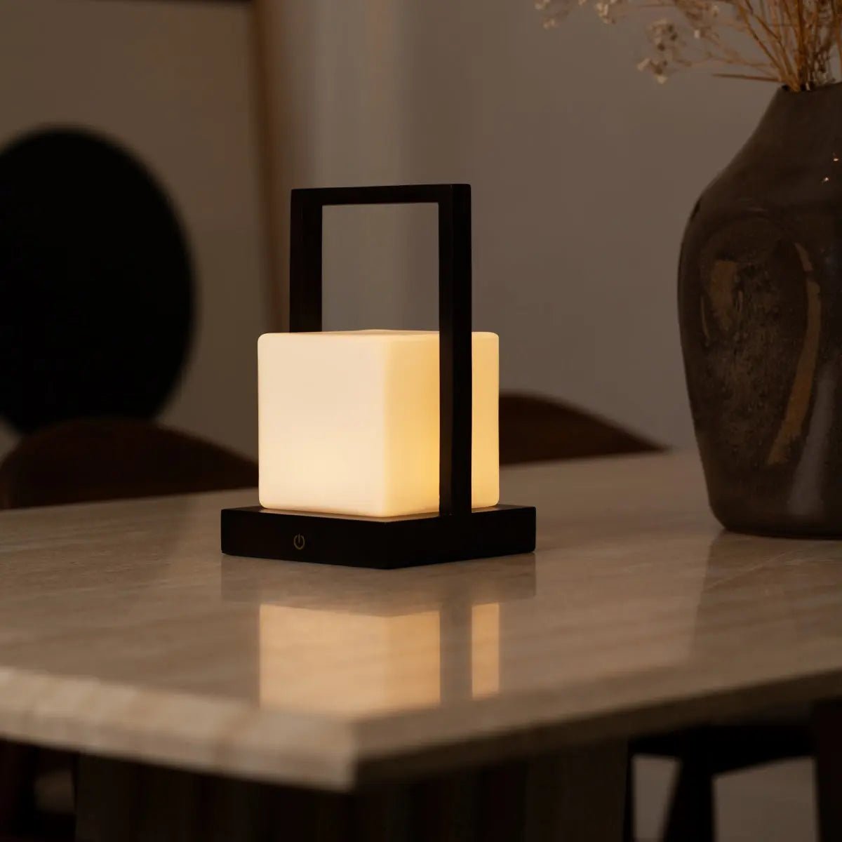 Noah Dark Brown Wooden Rechargeable Table Lamp With Glass and Wooden Handle Tavellio