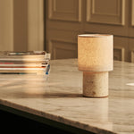 Onoda Beige – Travertino Classico Travertine Rechargeable Table Lamp | Authentic, Interchangeable Lampshade & Linen Blend