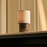 Onoda Brown – Emperador Dark Marble Rechargeable Table Lamp | Authentic, Interchangeable Lampshade & Linen Blend