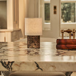 Onoda Brown – Emperador Dark Marble Rechargeable Table Lamp | Authentic, Interchangeable Lampshade & Linen Blend