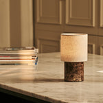 Onoda Brown – Emperador Dark Marble Rechargeable Table Lamp | Authentic, Interchangeable Lampshade & Linen Blend