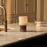 Onoda Brown – Emperador Dark Marble Rechargeable Table Lamp | Authentic, Interchangeable Lampshade & Linen Blend