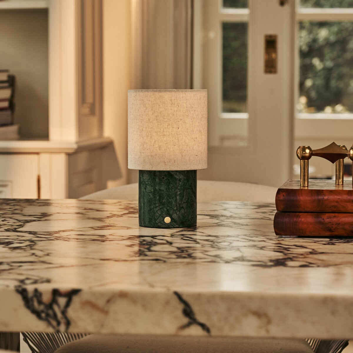 Onoda Green – Verde Alpi Marble Rechargeable Table Lamp | Authentic, Interchangeable Lampshade & Linen Blend