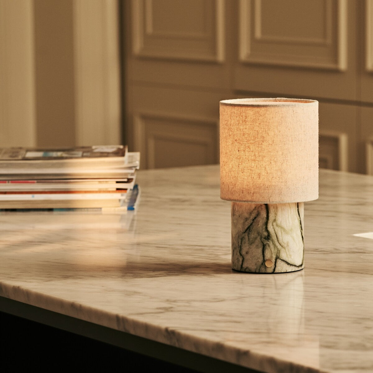 Onoda Green – Ice Green Marble Rechargeable Table Lamp | Authentic, Interchangeable Lampshade & Linen Blend