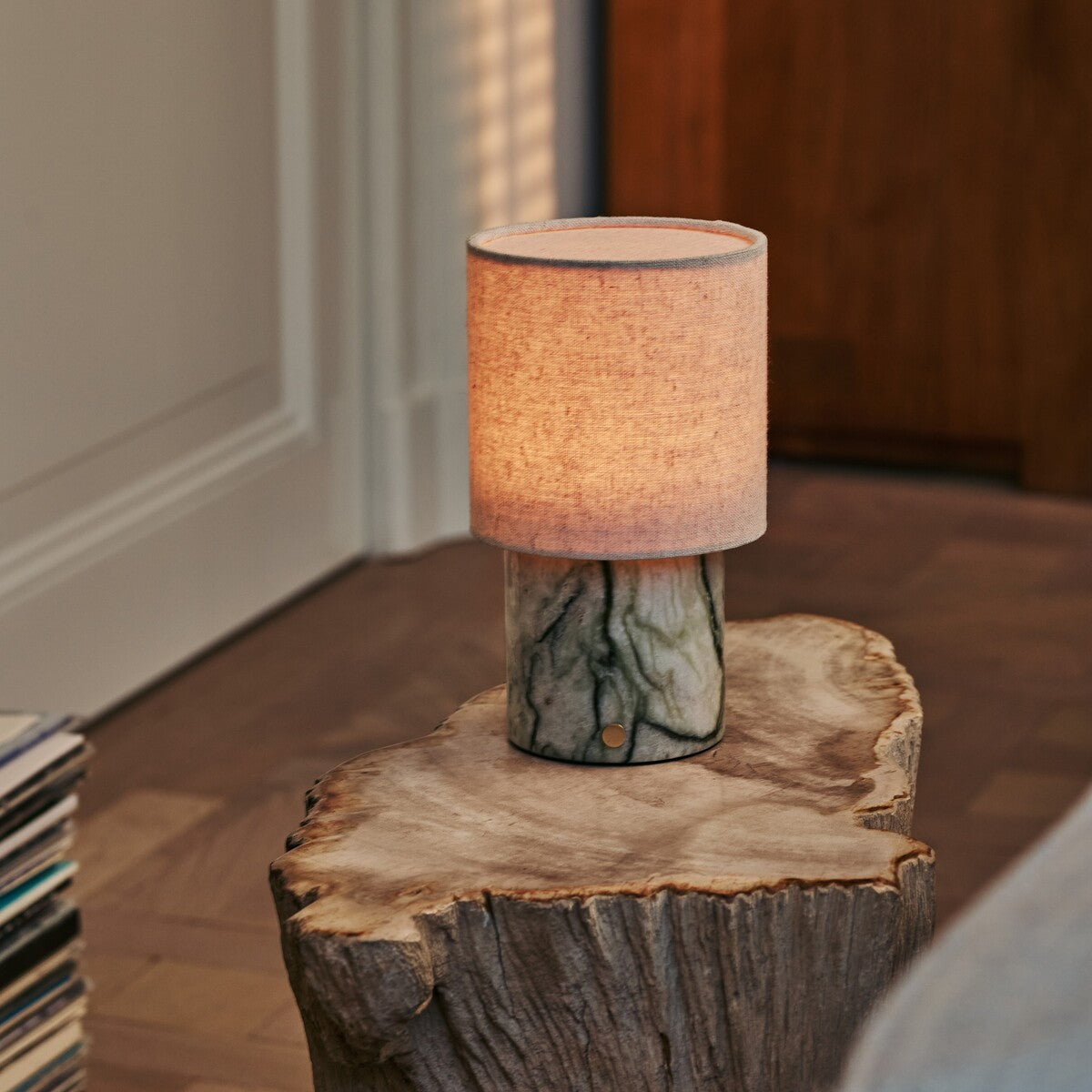 Onoda Green – Ice Green Marble Rechargeable Table Lamp | Authentic, Interchangeable Lampshade & Linen Blend