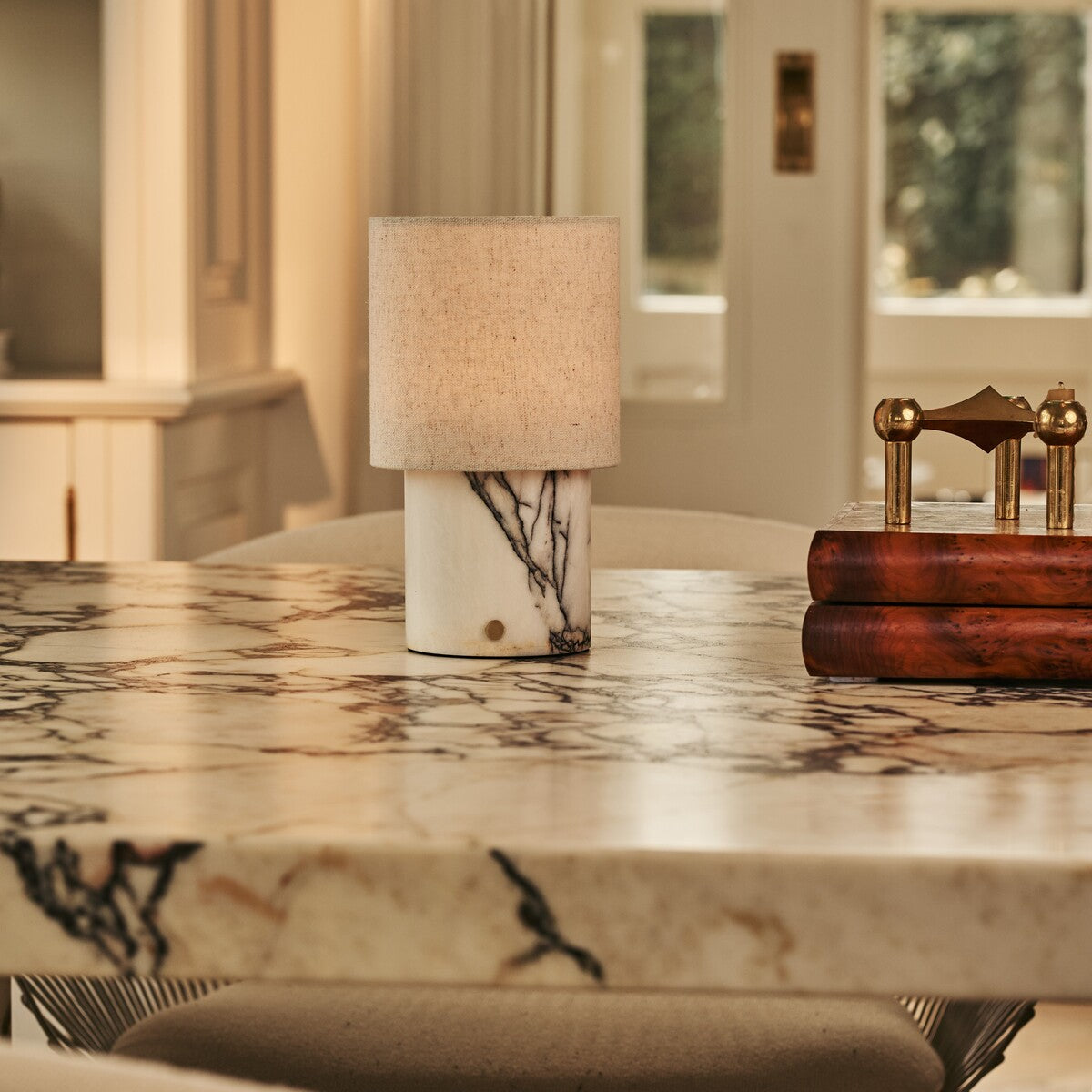 Onoda White – Lilac Marble Rechargeable Table Lamp | Authentic, Interchangeable Lampshade & Linen Blend