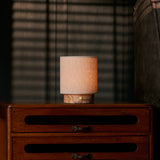 Rechargeable table lamp Onoda Small pink Calacatta marble base with linen shade on bedroom nightstand