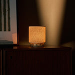 Rechargeable table lamp Onoda Small Calacatta Vionaro yellow marble base on rustic wood dresser